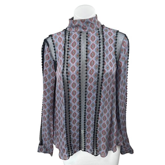 Cinq A Sept Multicolor 100% Silk Satin Floral Mesh Long Sleeve Blouse Top Size S - Picture 1 of 5